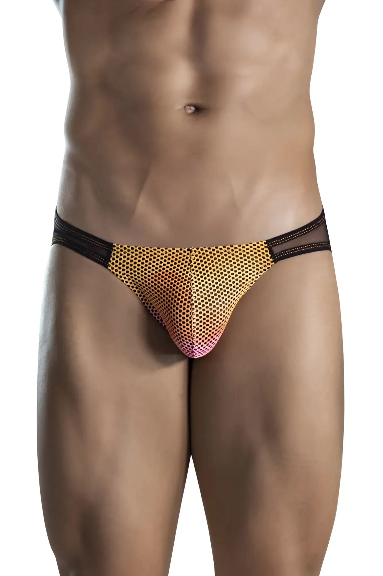 Gold and pink gradient mesh briefs with black elastic waistband from clever 1657 mockery bikini in orange color