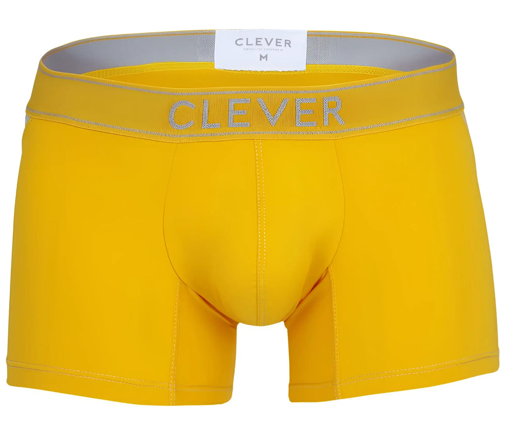 Bright yellow clever 1658 imagination men’s boxer briefs with gray elastic waistband and matching clever logo