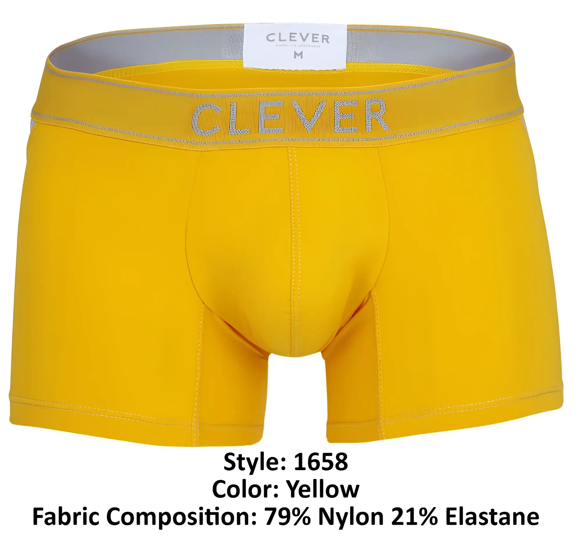 Bright yellow clever 1658 imagination men’s boxer briefs with gray elastic waistband and matching clever logo