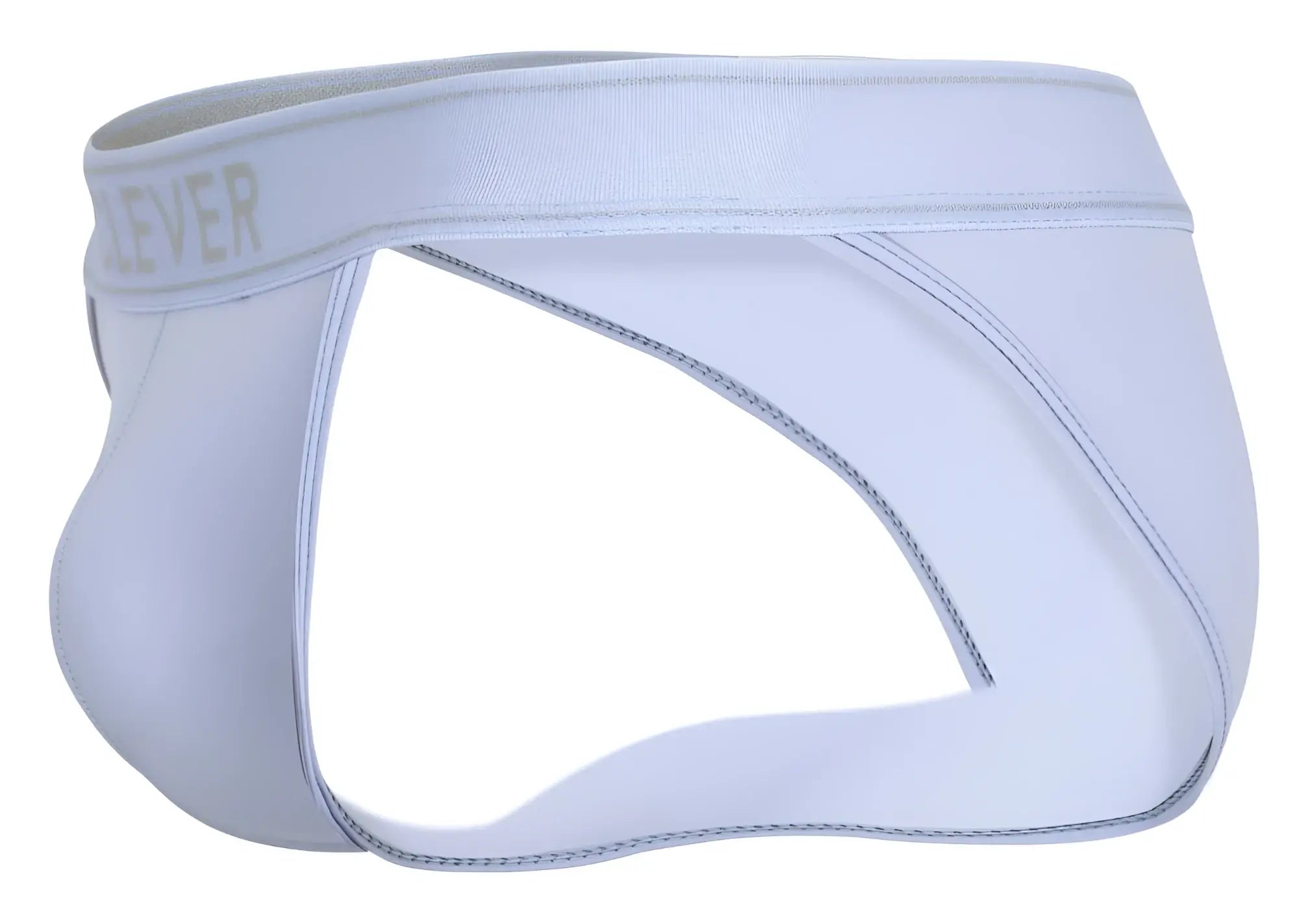 White men’s briefs with a subtle gray lever logo on the waistband in clever 1659 imagination bikini blue color