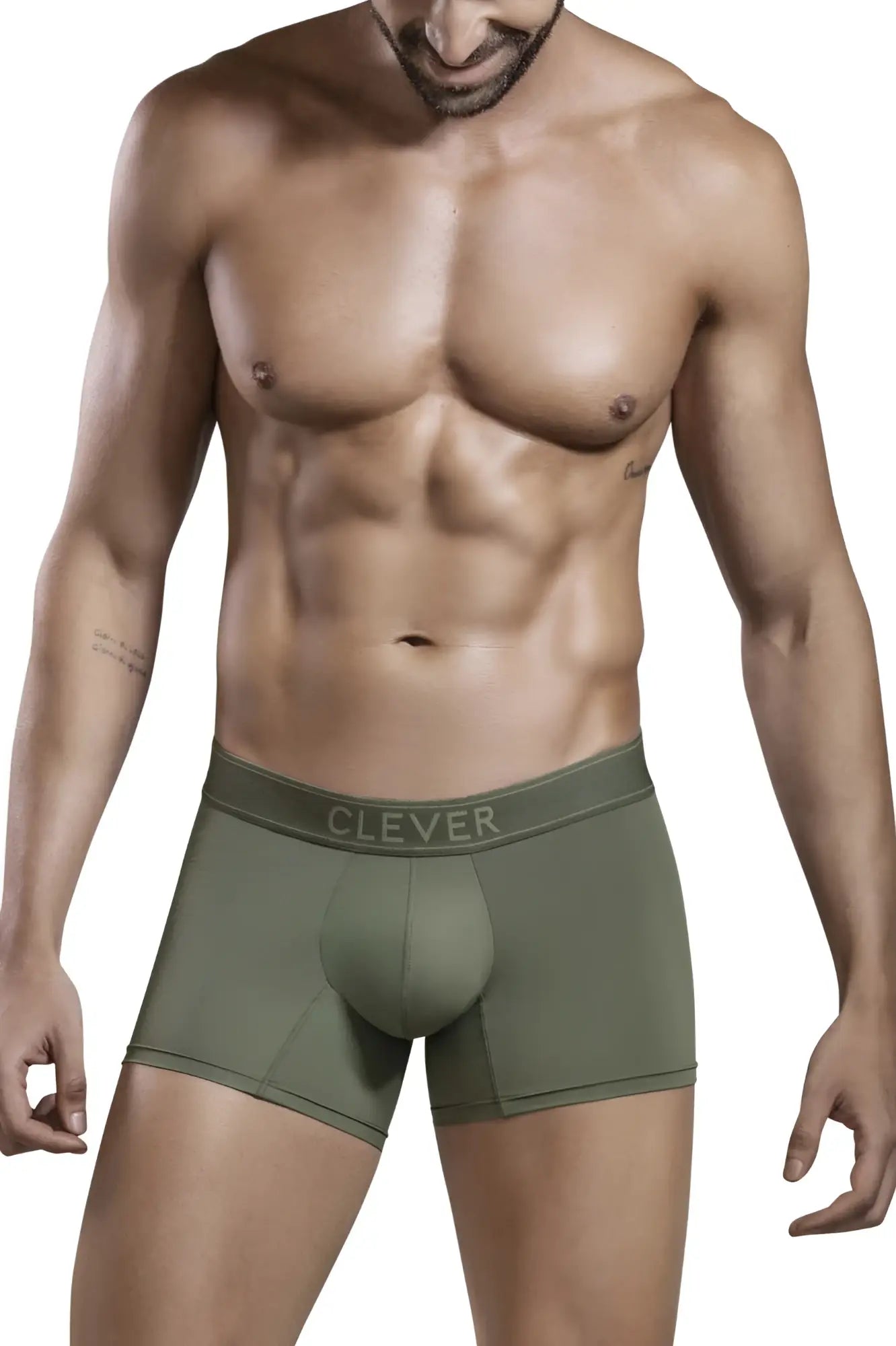 Olive green boxer briefs clever 1668 britannica trunks with subtle clever logo on waistband