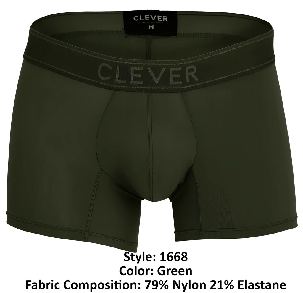 Olive green clever 1668 britanica men’s boxer briefs with clever waistband branding and size m black label visible