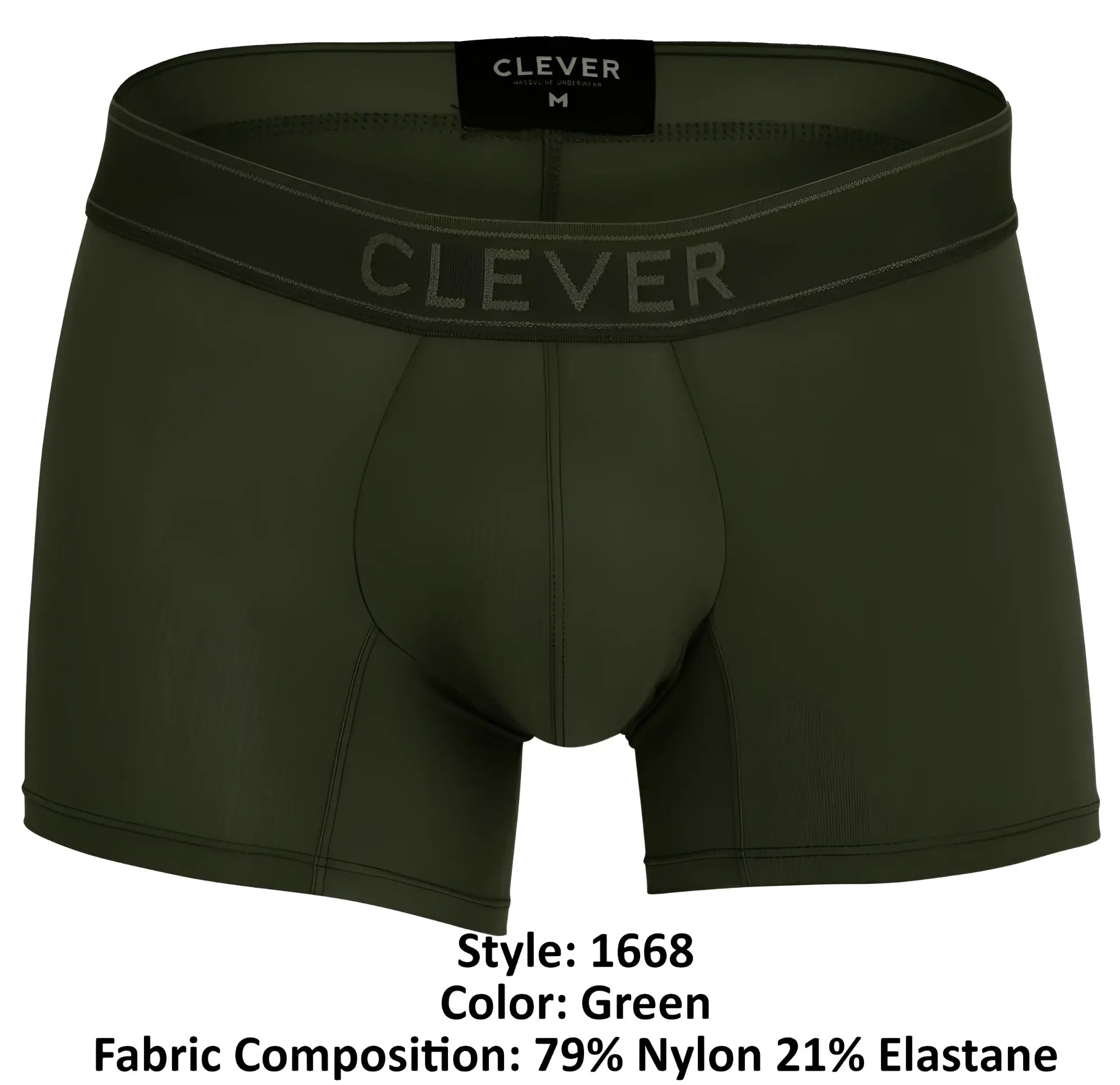 Olive green clever 1668 britanica men’s boxer briefs with clever waistband branding and size m black label visible