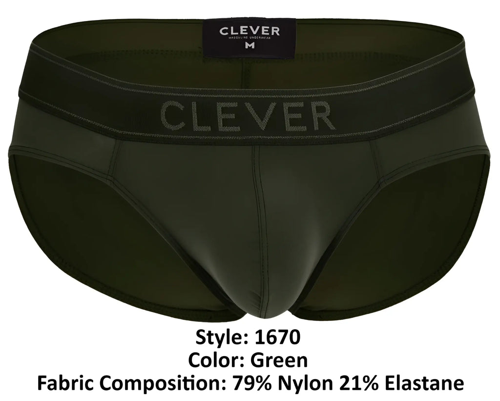 Dark green clever 1670 britannica briefs made of 79 nylon 21 elastane with embroidered waistband logo