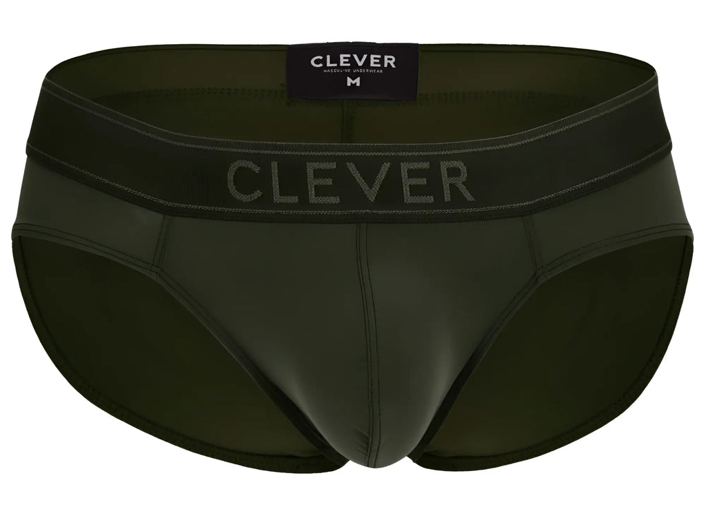 Dark olive green clever 1670 britanica briefs with matching elastic waistband and subtle gray brand lettering