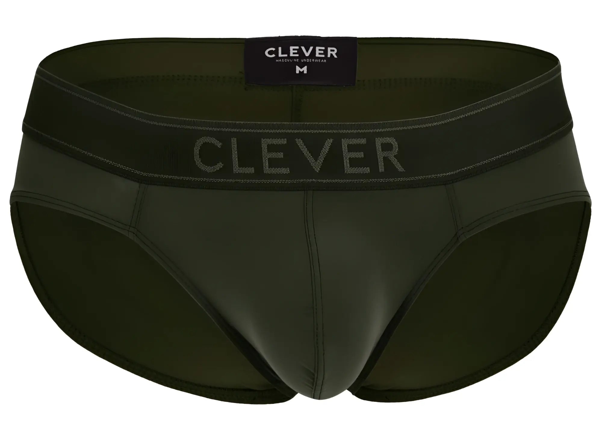 Dark olive green clever 1670 britanica briefs with matching elastic waistband and subtle gray brand lettering