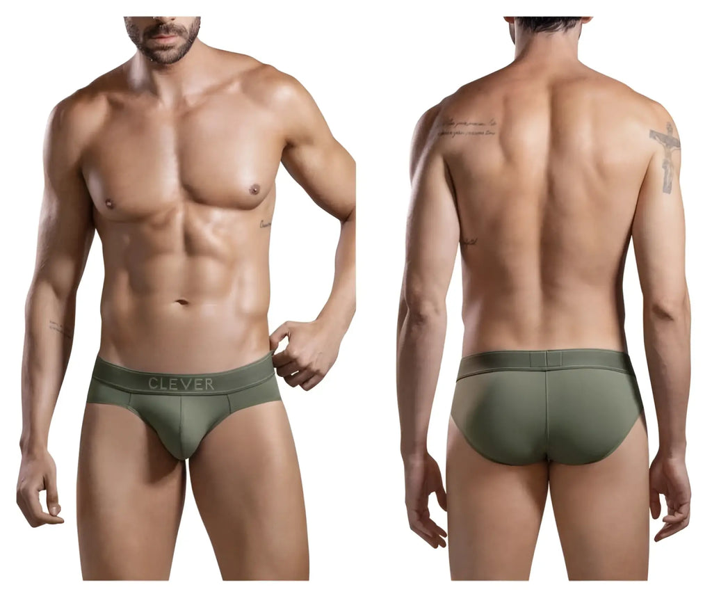 Olive green cotton briefs with clever branding on the waistband part of clever 1670 britanica briefs collection