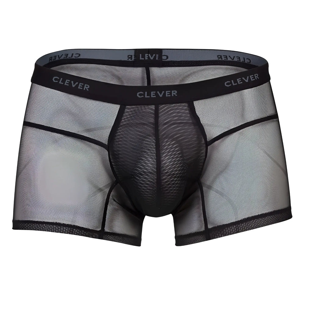 Black mesh clever 1673 legend trunks boxer briefs with reinforced elastic waistband and white clever branding