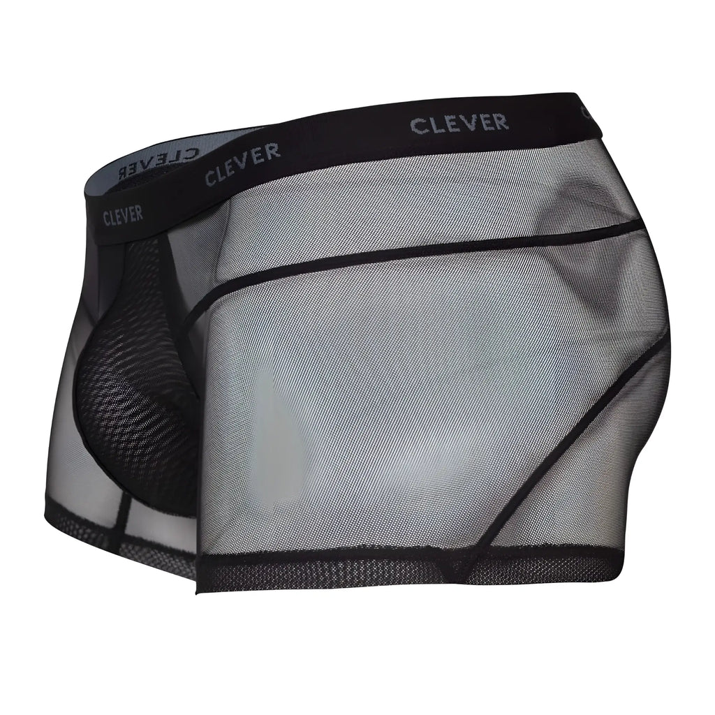 Black mesh clever 1673 legend trunks boxer briefs with reinforced pouch and gray clever waistband in black