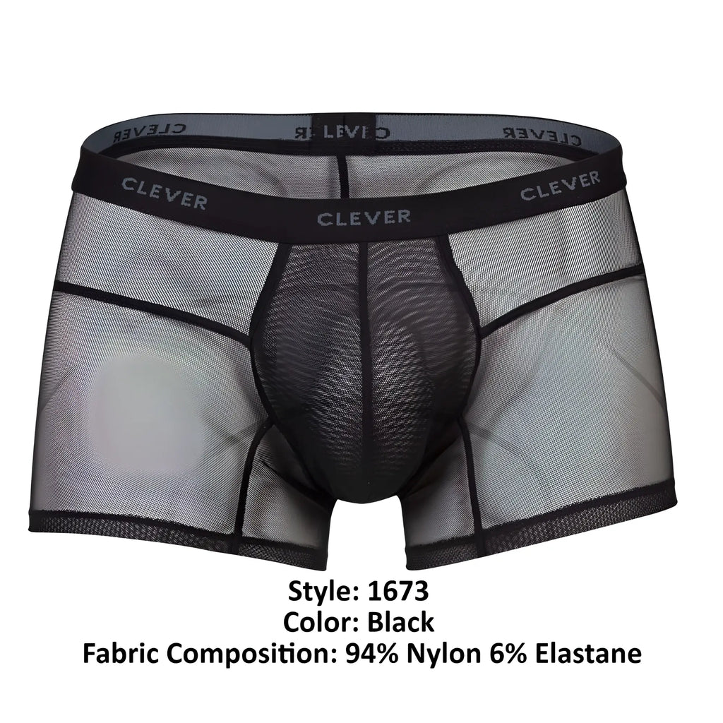 Black sheer mesh boxer briefs with black elastic waistband featuring clever brand name from clever 1673 legend trunks