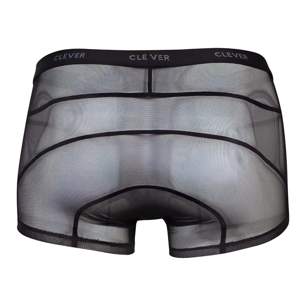 Black sheer mesh boxer briefs with reinforced black elastic waistband featuring clever branding in clever 1673 legend trunks color black