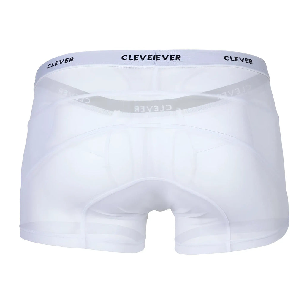 White cleveever boxer briefs with gray elastic waistband and black clever branding in legend trunks color white