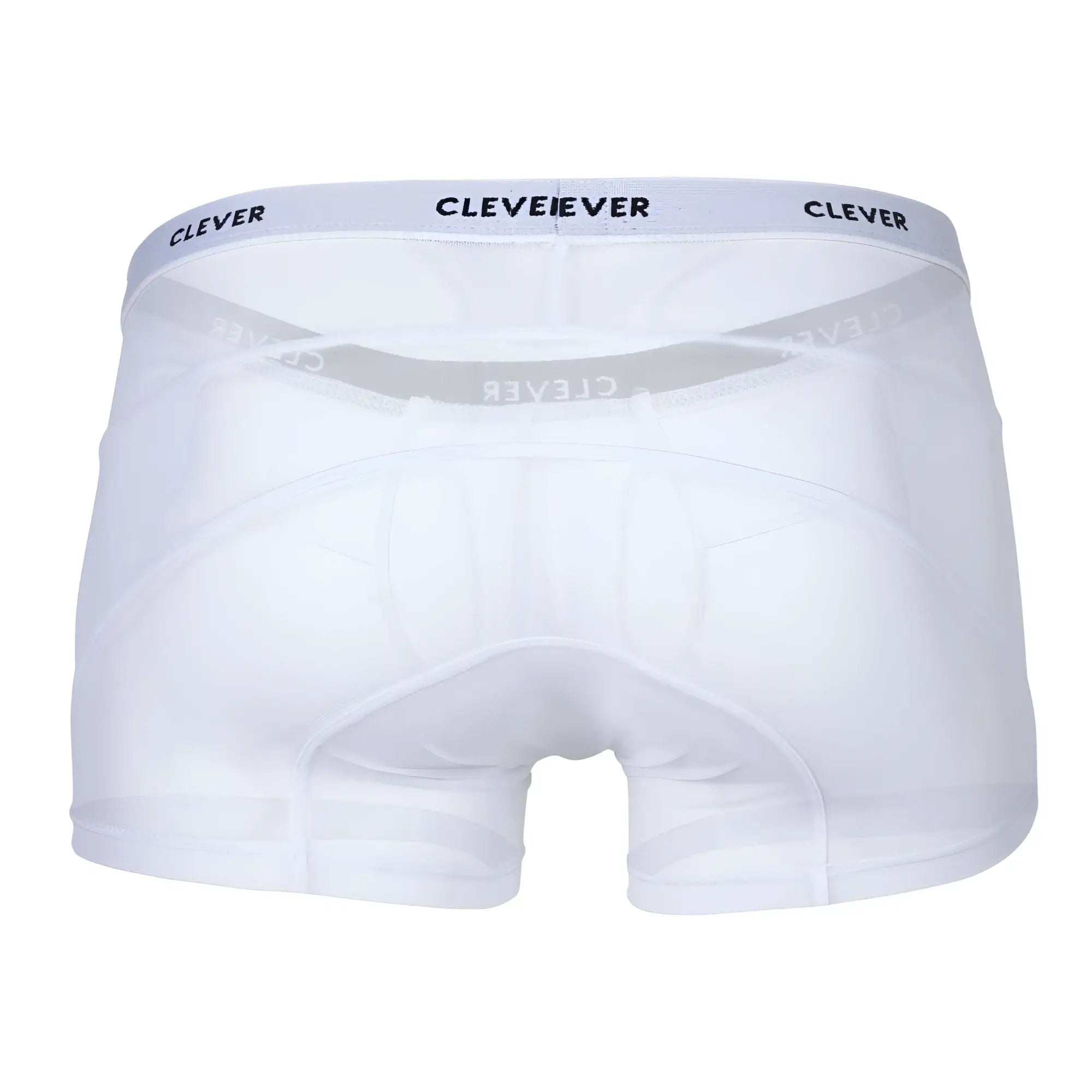White cleveever boxer briefs with gray elastic waistband and black clever branding in legend trunks color white