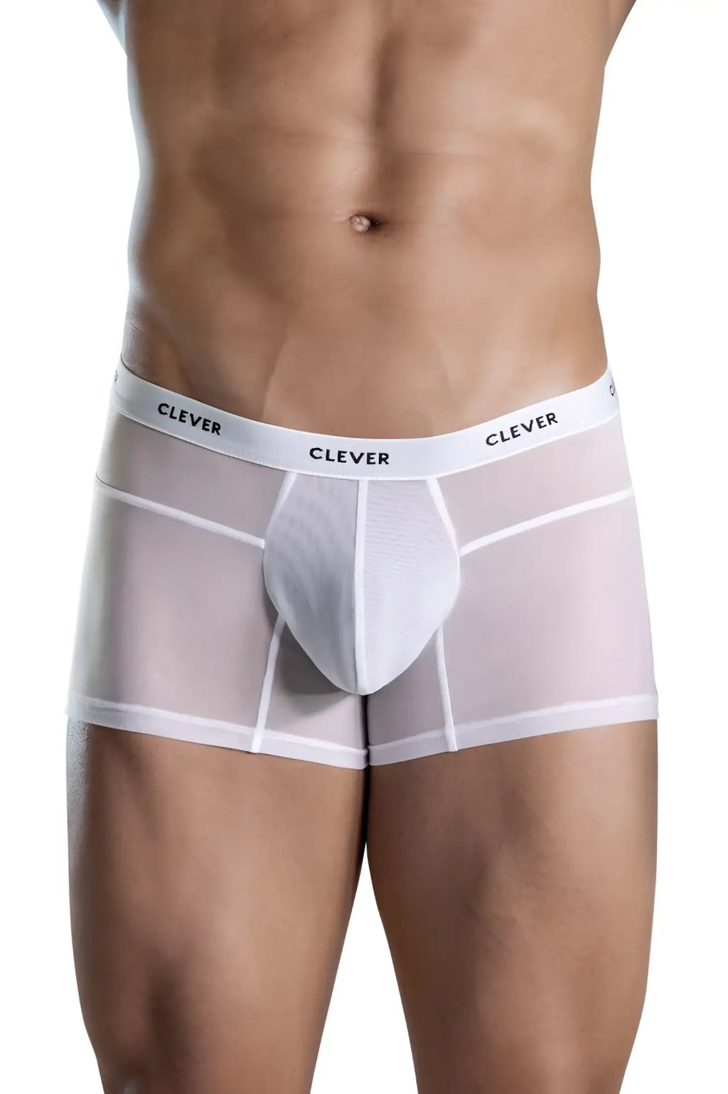 White sheer boxer briefs with solid white front panel and Clever branding on waistband Clever 1673 Legend Trunks