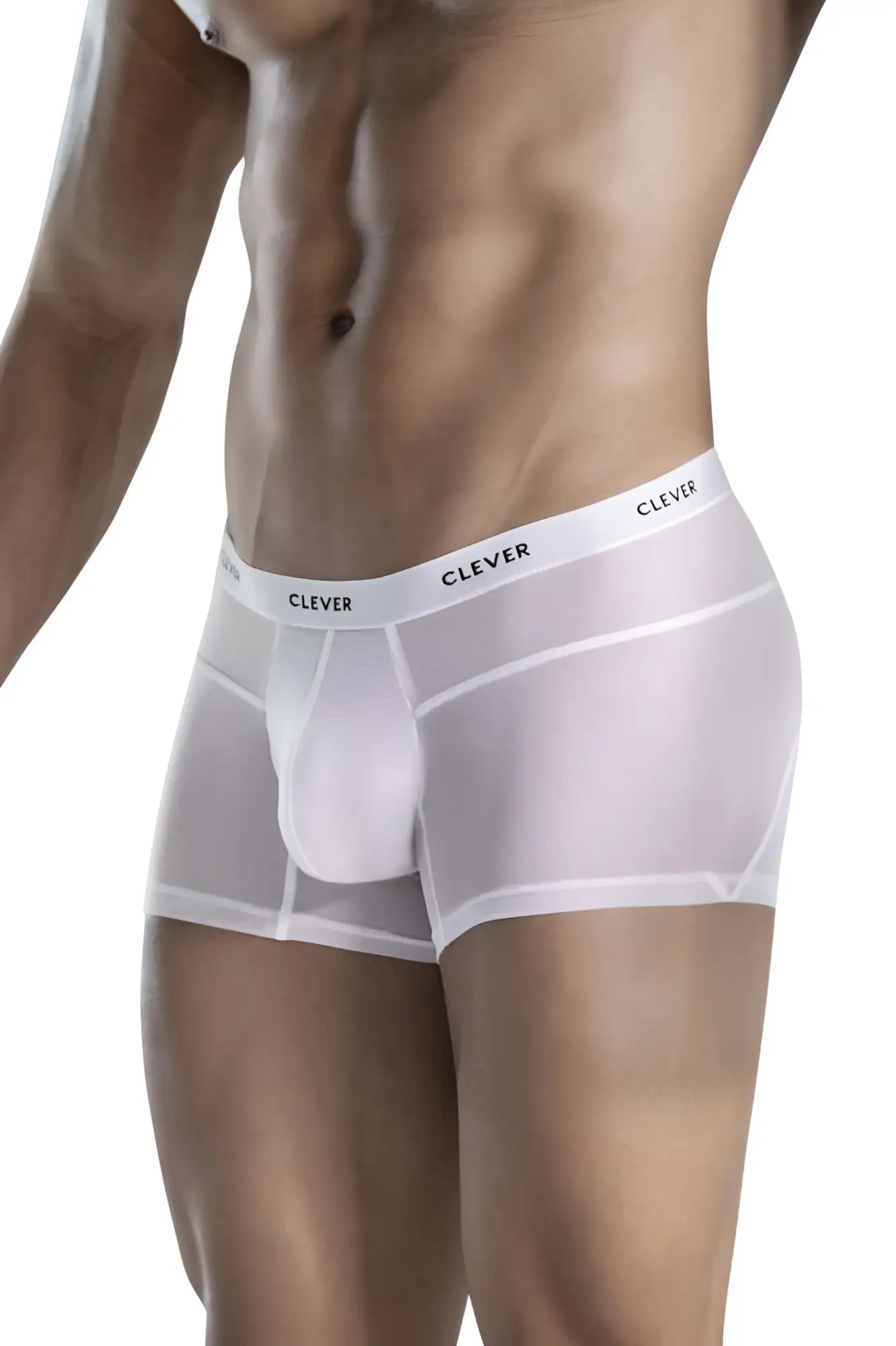 White sheer boxer briefs with a supportive pouch and clever branding on the waistband from clever 1673 legend trunks