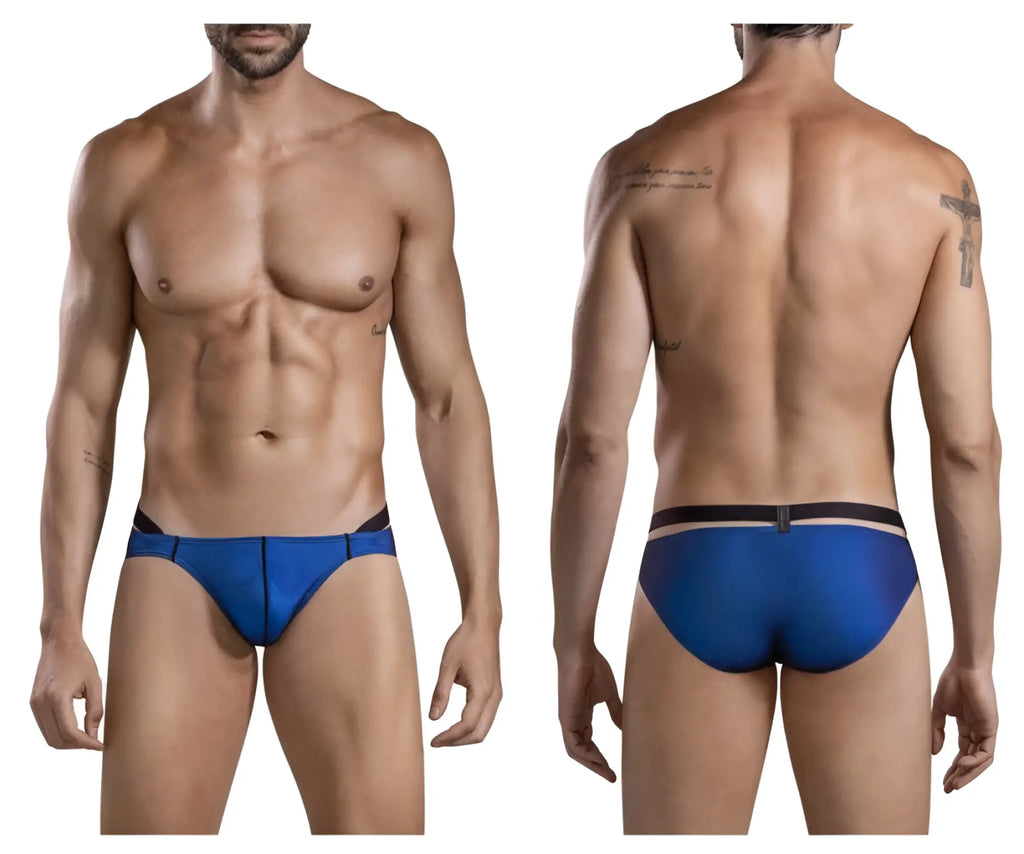 Blue swim trunks with black trim and central buckle at waistband from clever 1675 eroticism bikini in blue