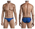 Blue swim trunks with black trim and central buckle at waistband from clever 1675 eroticism bikini in blue