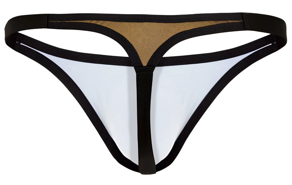 Back side of clever 1676 eroticism thong in orange with black and white fabric and gold mesh panel detailing