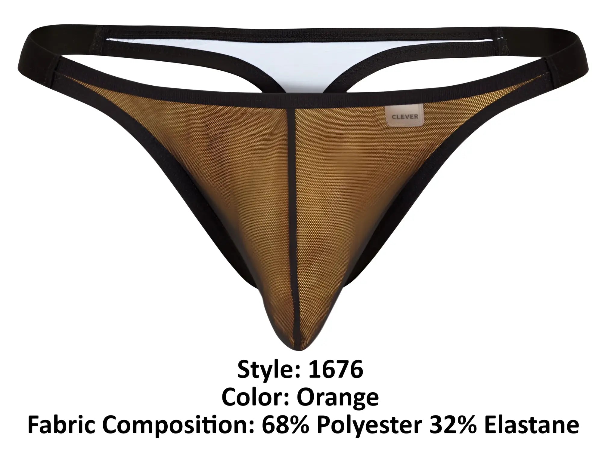 Orange mesh clever 1676 eroticism thong with black trim and small brand label shown from the back side