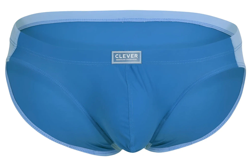 Blue men’s briefs with light blue trim and clever brand label from clever 1681 two-tone bikini color blue collection