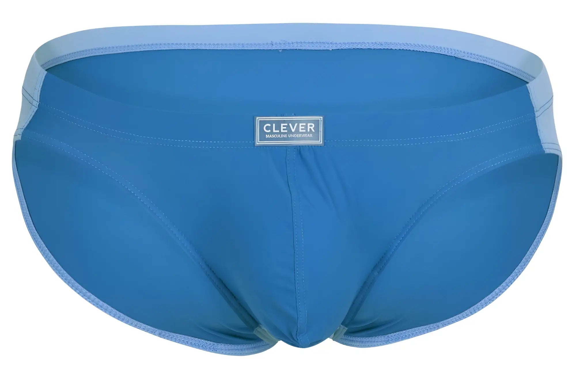 Blue men’s briefs with light blue trim and clever brand label from clever 1681 two-tone bikini color blue collection
