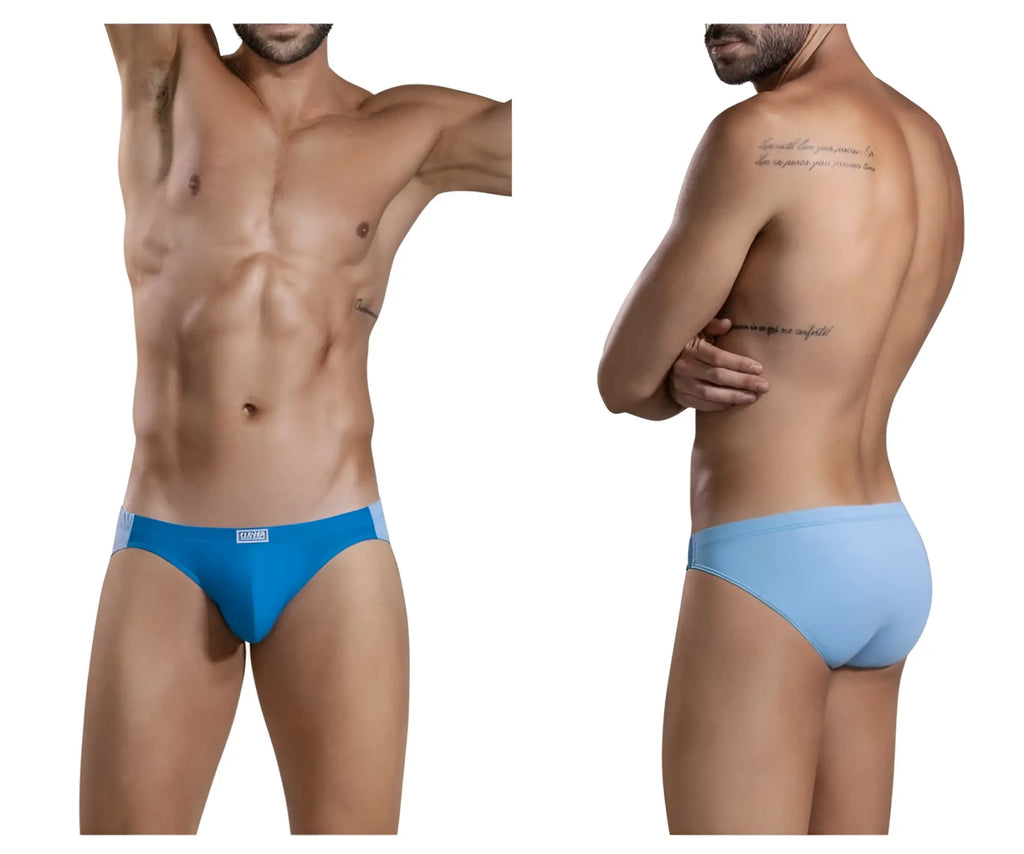 Blue men’s briefs clever 1681 two-tone bikini with light blue waistband and lucian brand name on the front