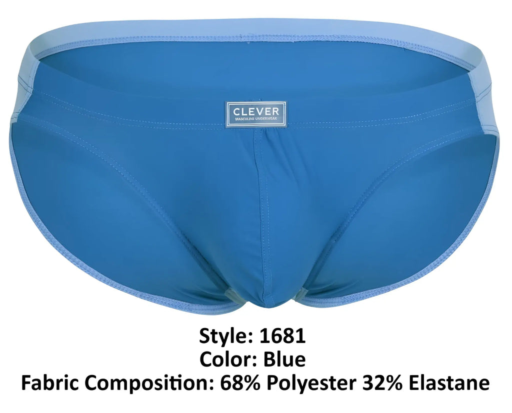 Clever 1681 two-tone bikini briefs in blue with light blue waistband and trim featuring clever brand label