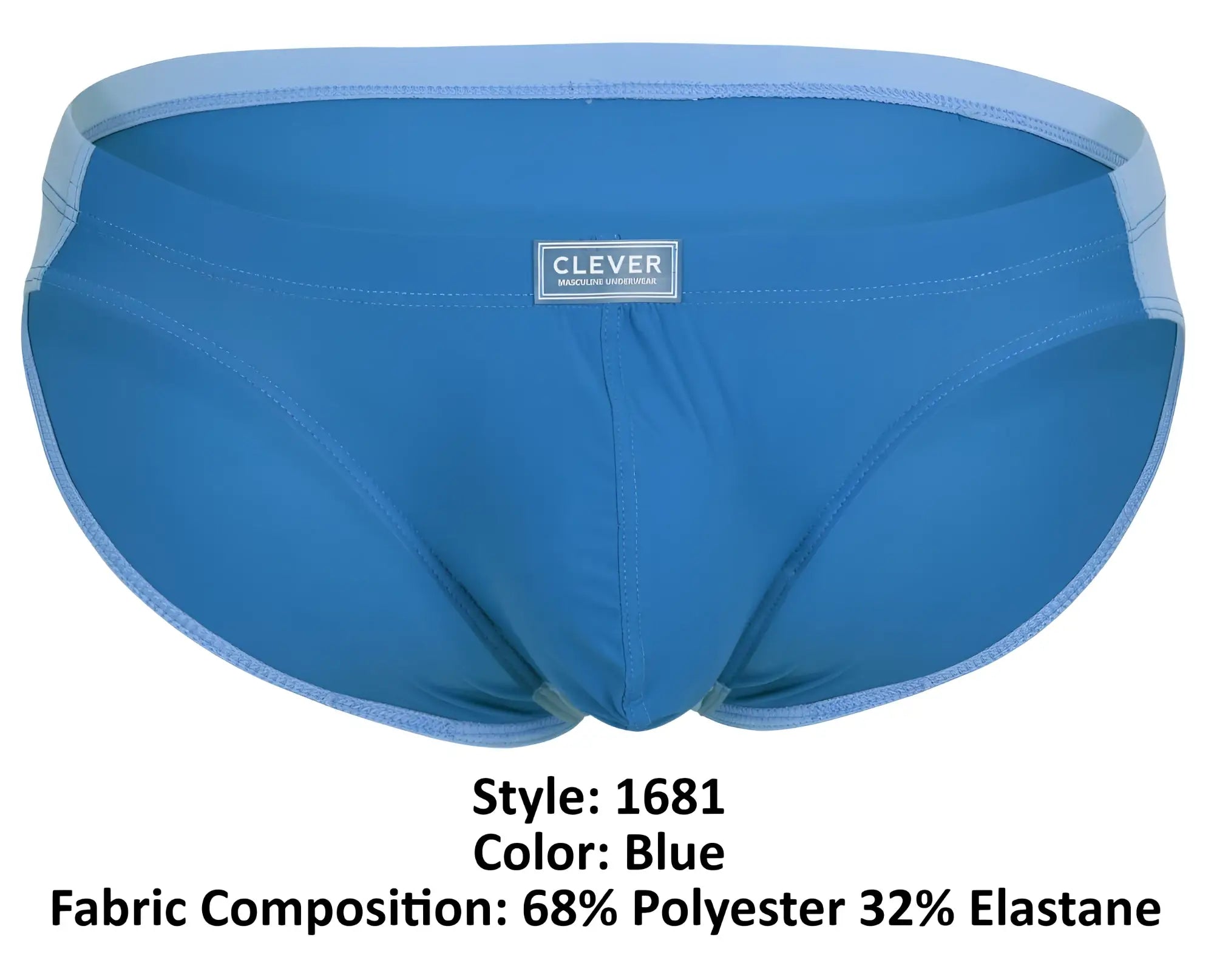 Clever 1681 two-tone bikini briefs in blue with light blue waistband and trim featuring clever brand label