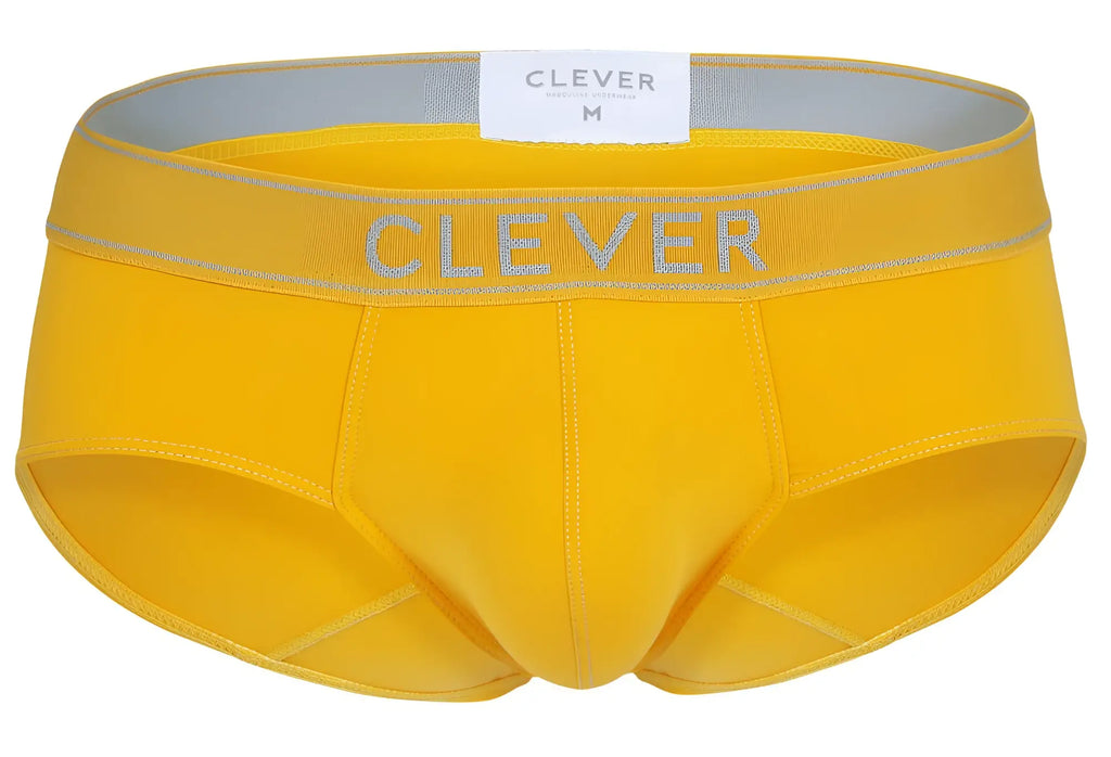 Bright yellow men’s briefs with gray elastic waistband featuring clever brand name in matching gray lettering