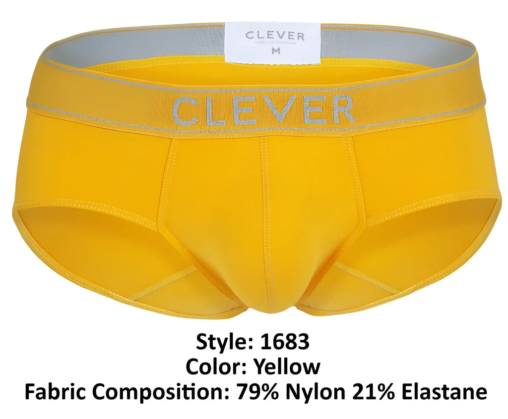 Yellow clever 1683 imagination men’s briefs with gray elastic waistband and matching clever logo lettering