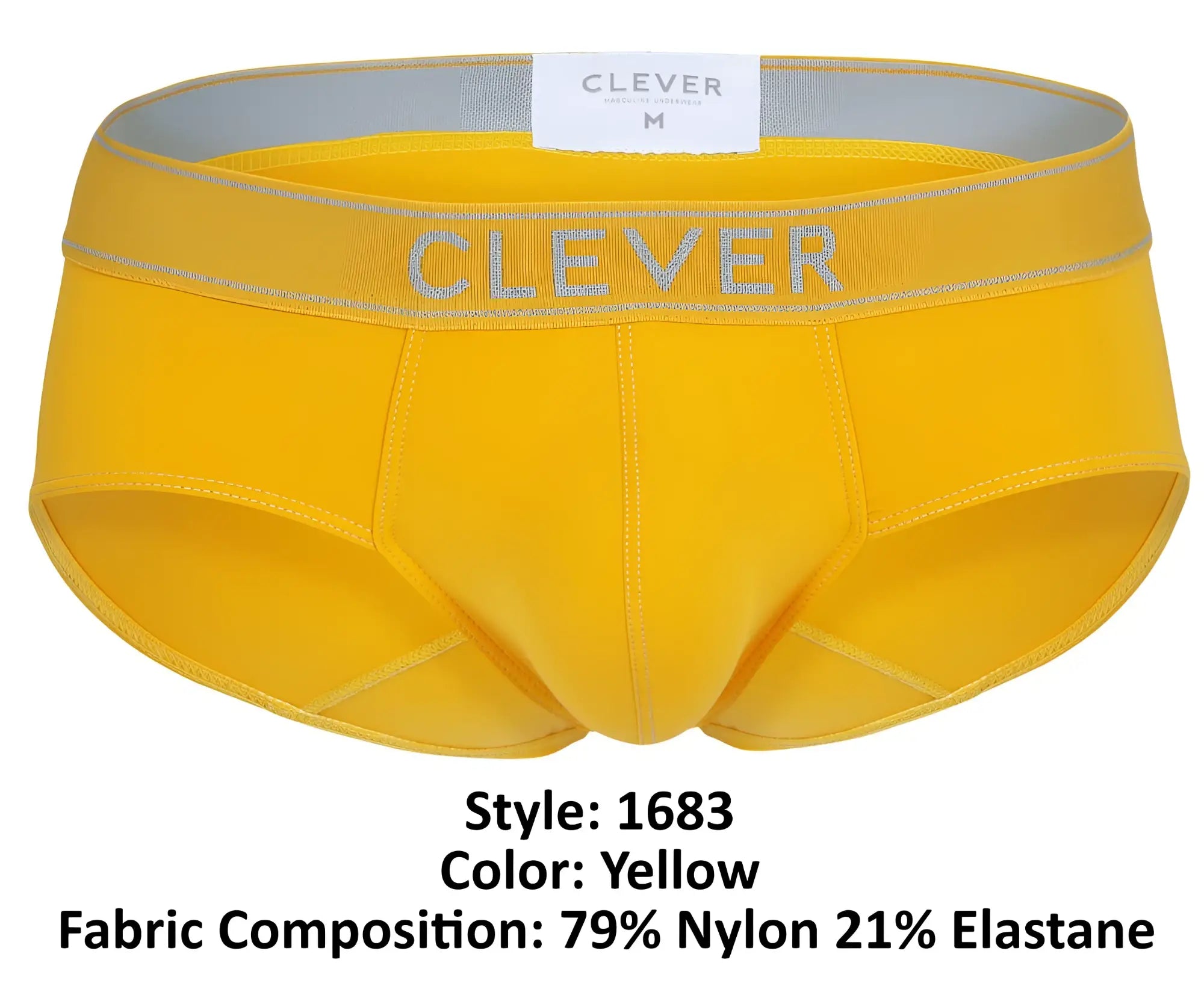 Yellow clever 1683 imagination men’s briefs with gray elastic waistband and matching clever logo lettering