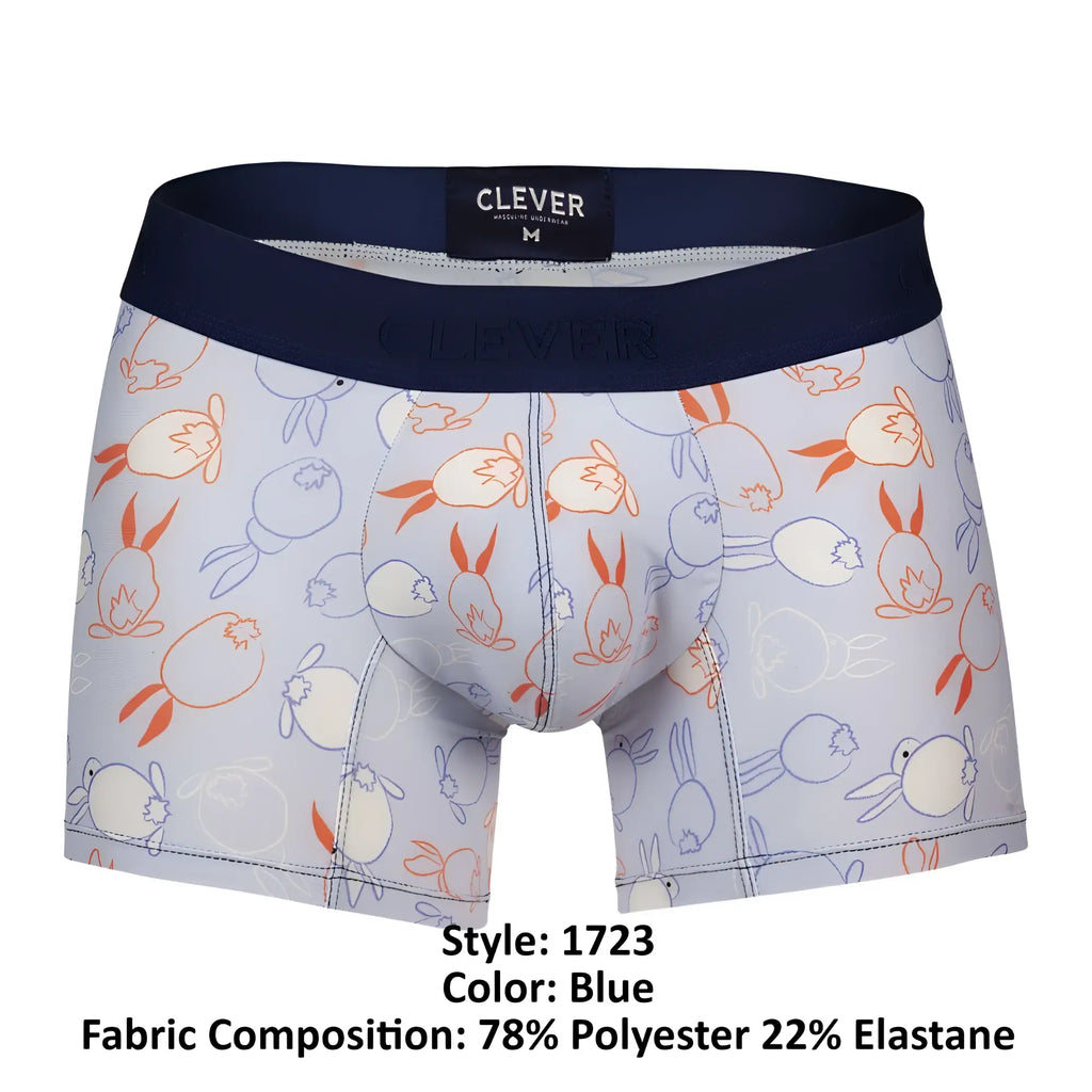 Blue boxer briefs clever 1723 coney trunks with orange and light blue rabbit outlines and navy elastic waistband