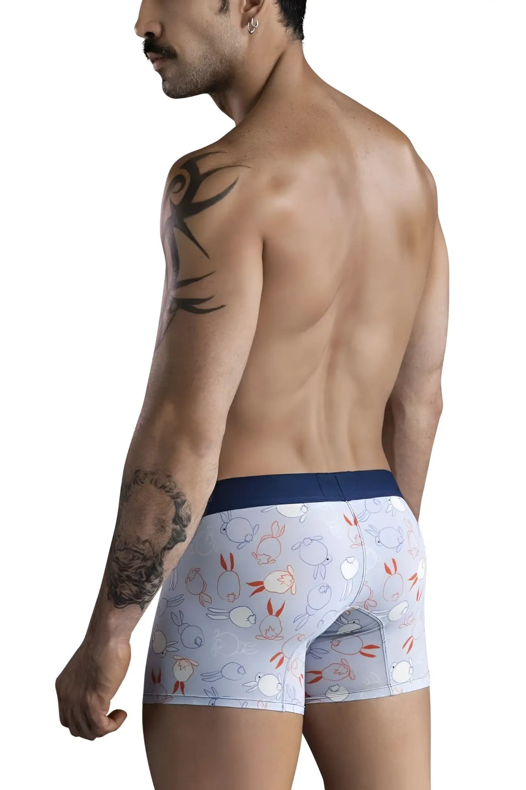 Light blue boxer briefs clever 1723 coney trunks with cartoon rabbits and birds pattern and navy waistband