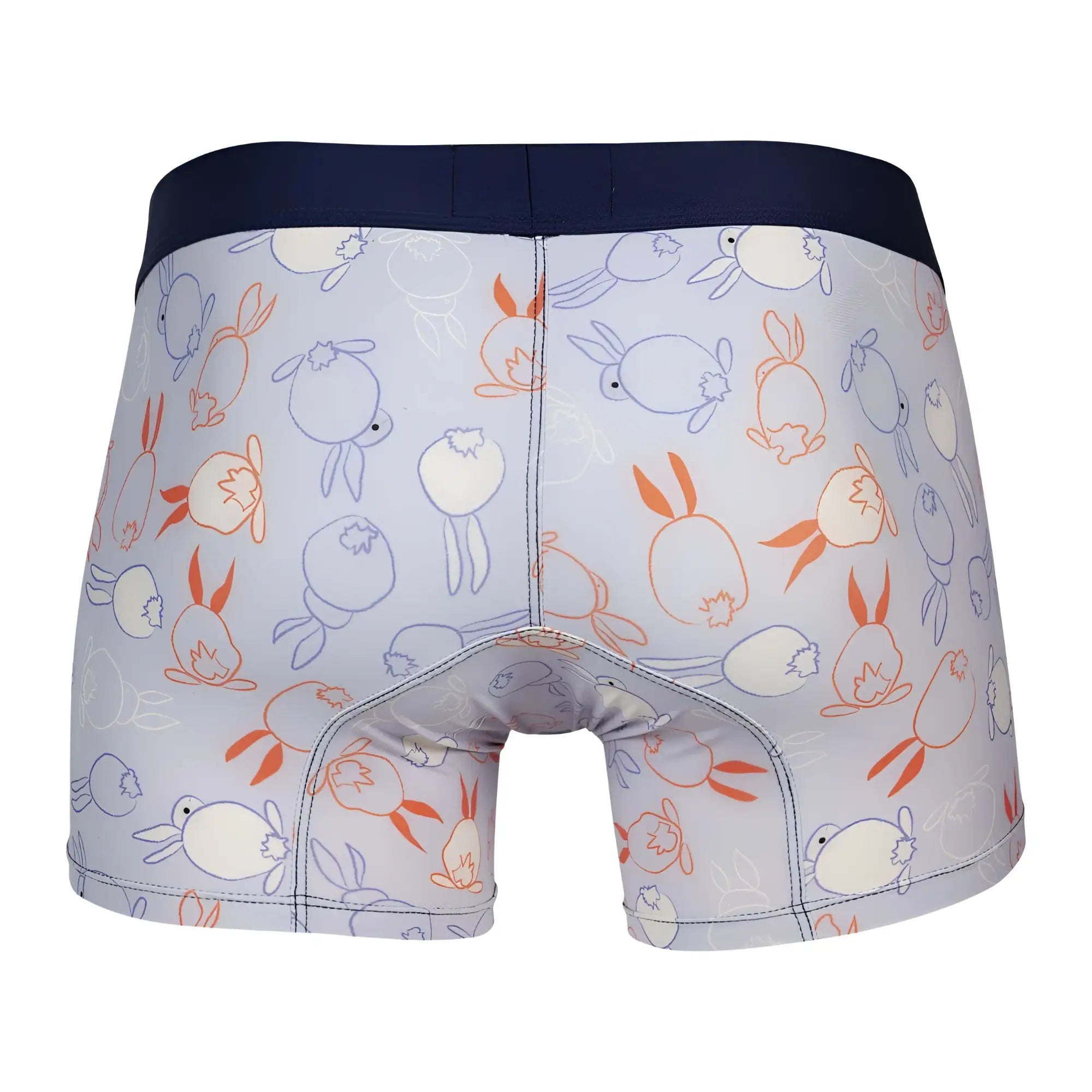 Light gray clever 1723 coney trunks boxer briefs with navy waistband and playful orange and purple cartoon rabbits pattern