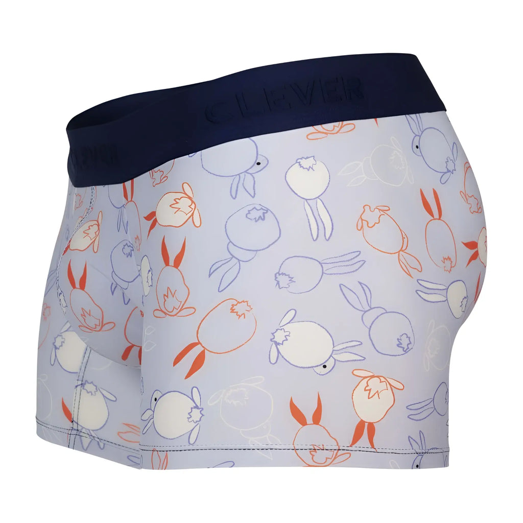 White boxer briefs with playful orange cream and light blue cartoon rabbits and a navy clever branded waistband
