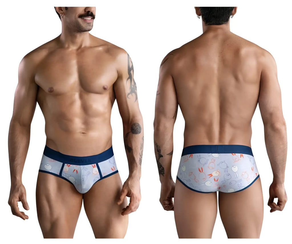 Light blue clever 1724 coney men’s briefs with playful cartoon rabbit pattern and navy blue trim