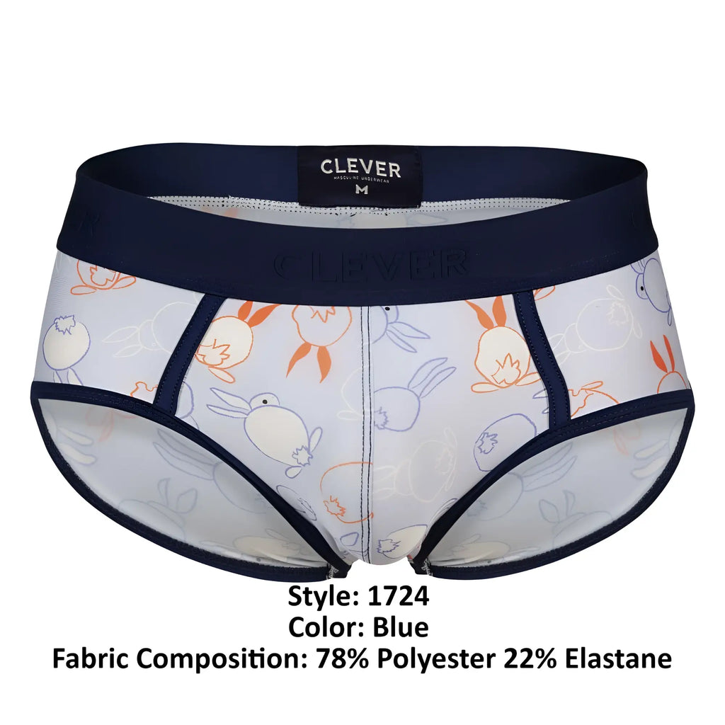 Blue patterned clever 1724 coney briefs with navy waistband featuring orange and gray cartoon rabbits on light fabric