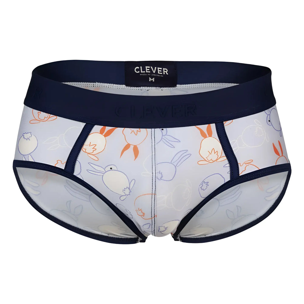 White men’s briefs clever 1724 coney briefs color blue with orange and blue cartoon rabbits and navy blue trim