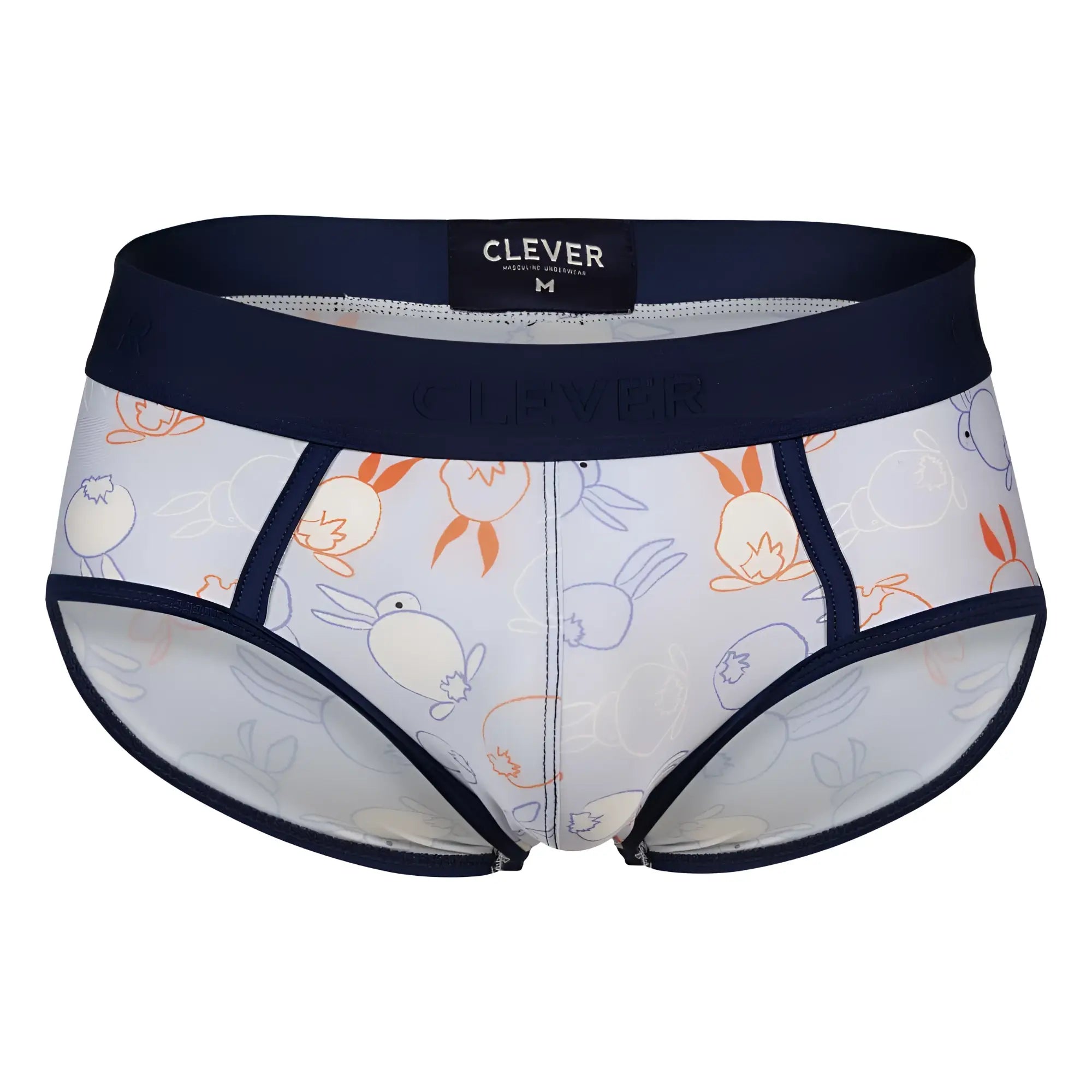 White men’s briefs clever 1724 coney briefs color blue with orange and blue cartoon rabbits and navy blue trim