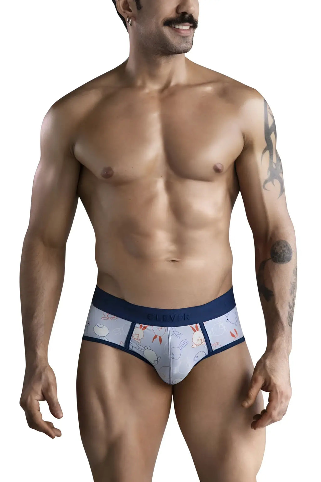 Blue and white patterned Clever 1724 Coney briefs featuring a cartoon bunny design on soft breathable fabric