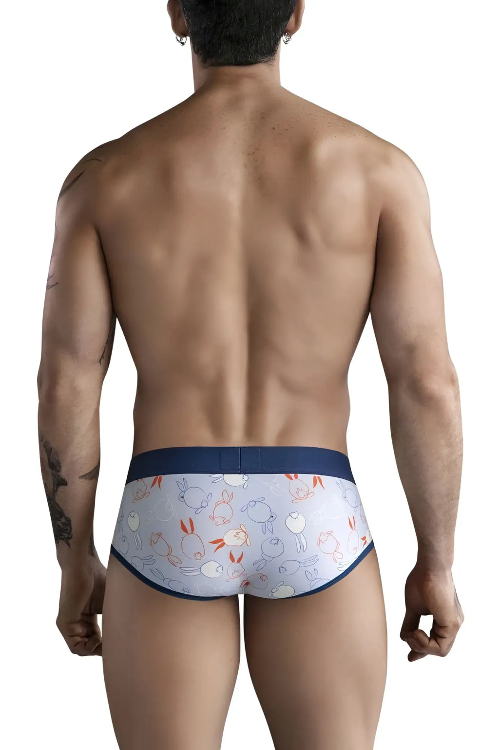 White briefs with a playful pastel cartoon rabbit pattern and navy blue trim from clever 1724 coney briefs color blue