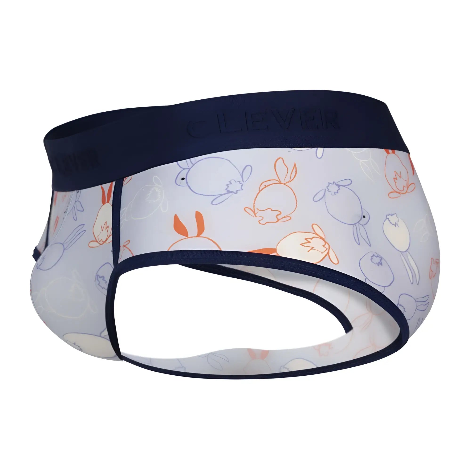 White clever 1724 coney briefs with playful orange blue gray rabbits and navy elastic waistband and trim