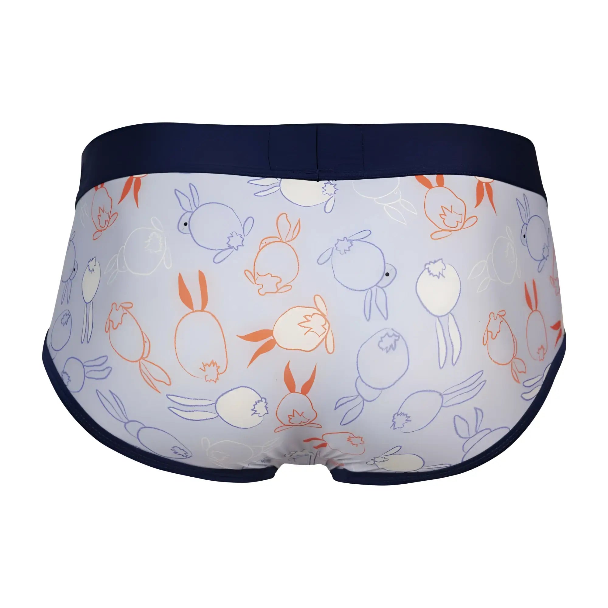 White briefs with playful blue and orange outlined rabbits and navy blue trim from clever 1724 coney briefs color blue