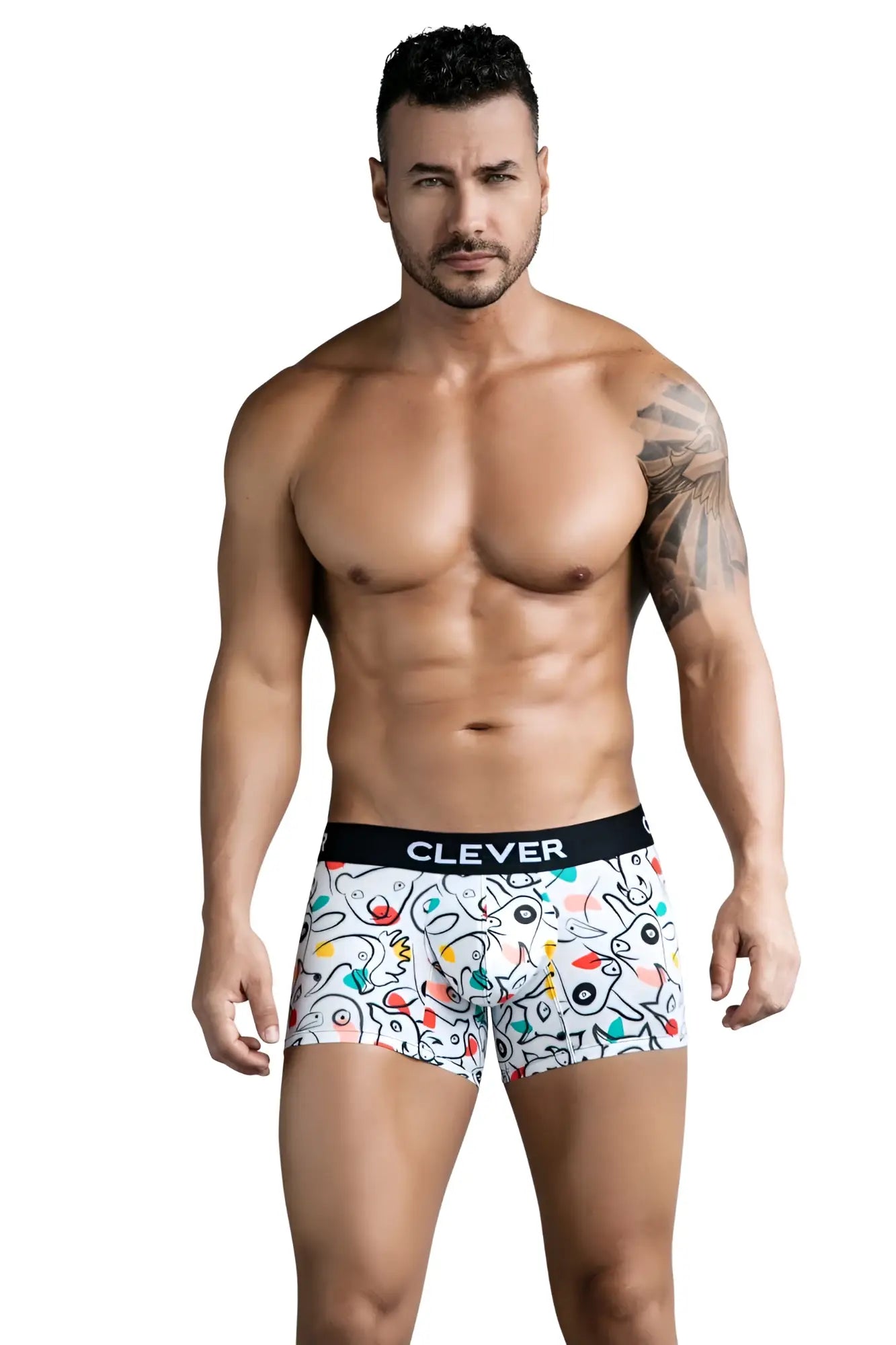 White boxer briefs clever 1725 grange trunks with colorful abstract cartoon pattern and black waistband