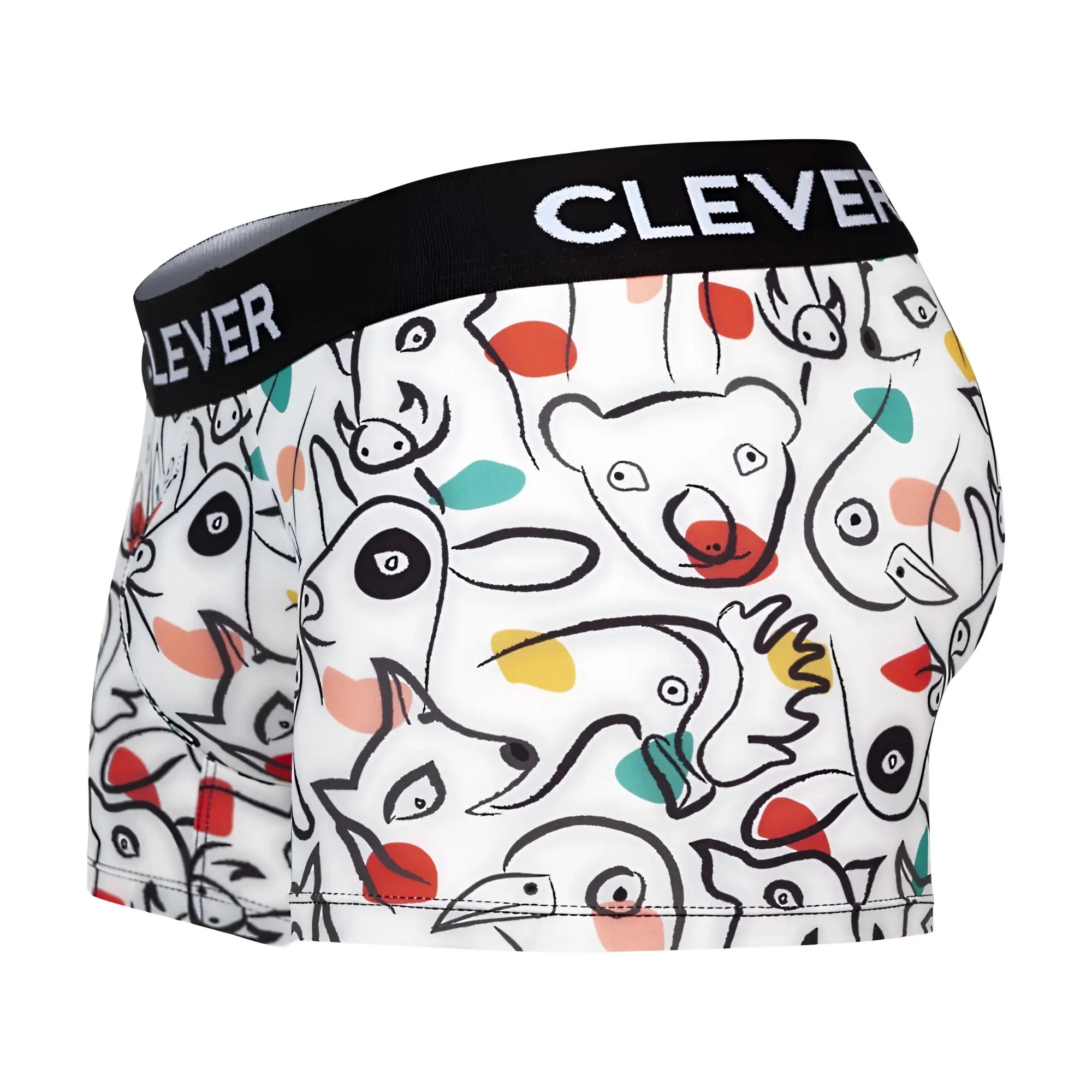 White clever 1725 grange trunks boxer briefs with playful black animal outlines and colorful dots on elastic waistband