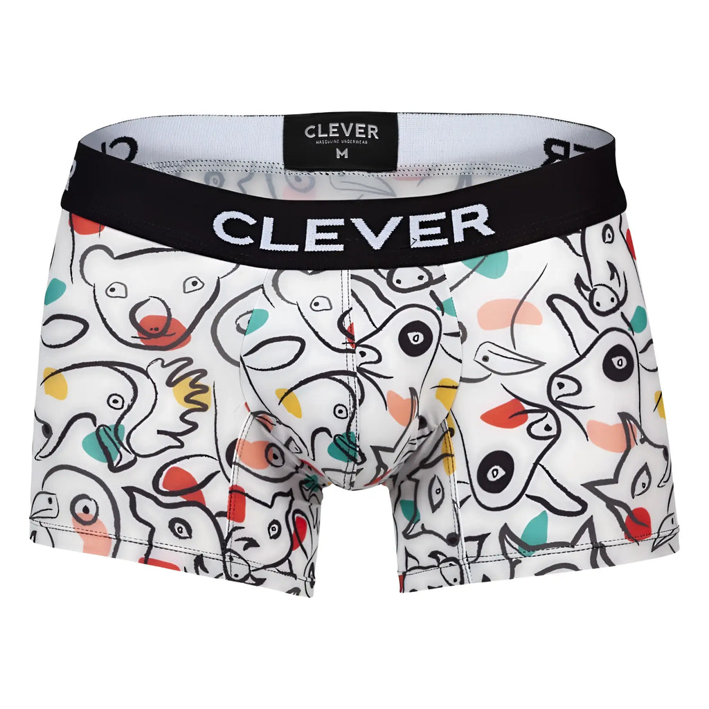 White clever 1725 grange trunks with playful colorful cartoon animal print and black elastic waistband for comfortable wear