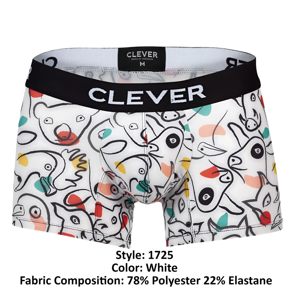 White boxer briefs clever 1725 grange trunks with colorful cartoon animal print in red yellow teal and orange accents