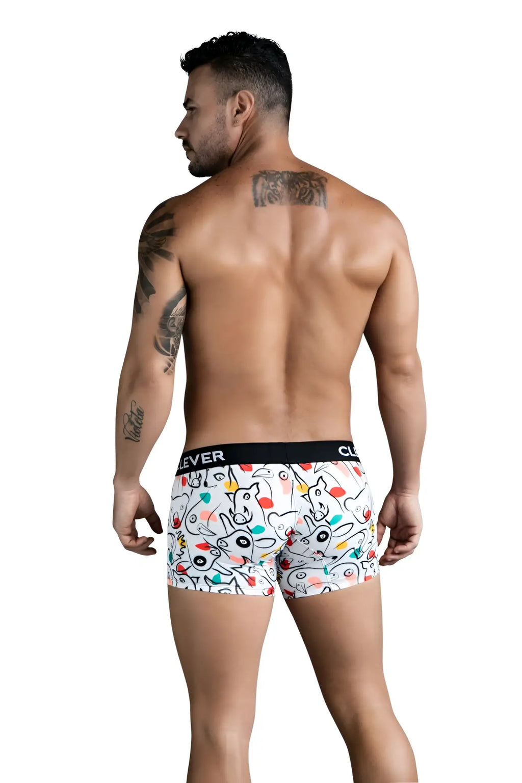 White clever 1725 grange trunks boxer briefs with colorful unicorn and balloon pattern and black elastic waistband