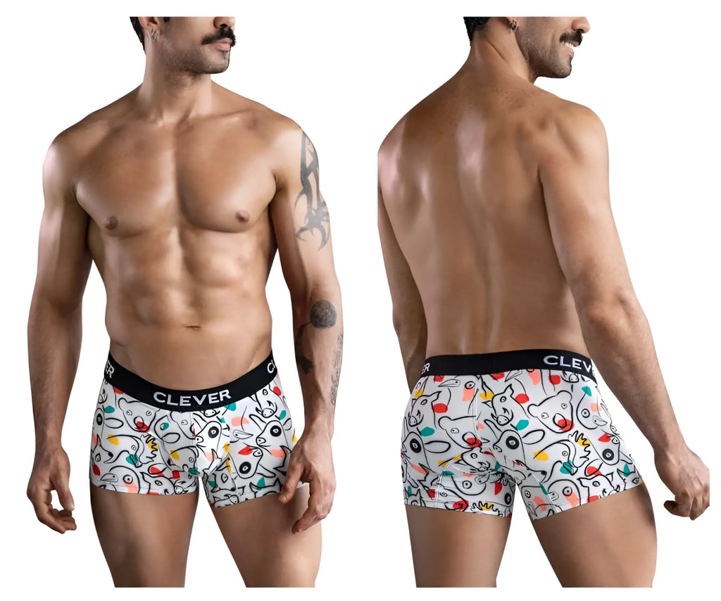 White boxer briefs clever 1725 grange trunks with colorful cartoon animal pattern and black waistband with clever logo