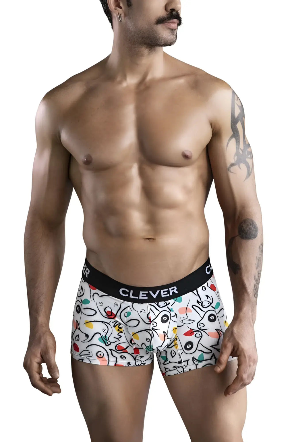 White boxer briefs with colorful cartoon animal print and black clever waistband in clever 1725 grange trunks model